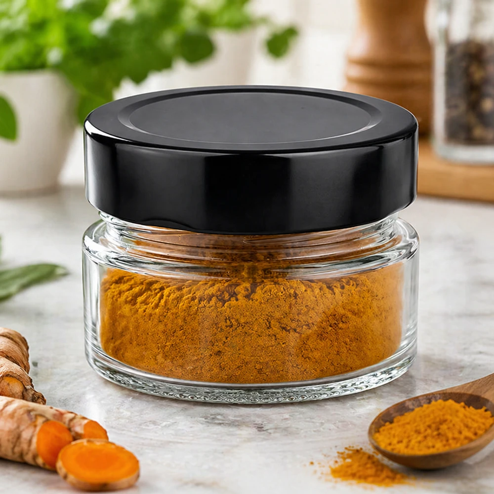Barattolo rotondo da 80 ml con coperchio nero BasicSeal riempito con curcuma in polvere Spezie Ambiente cucina Esempio di utilizzo