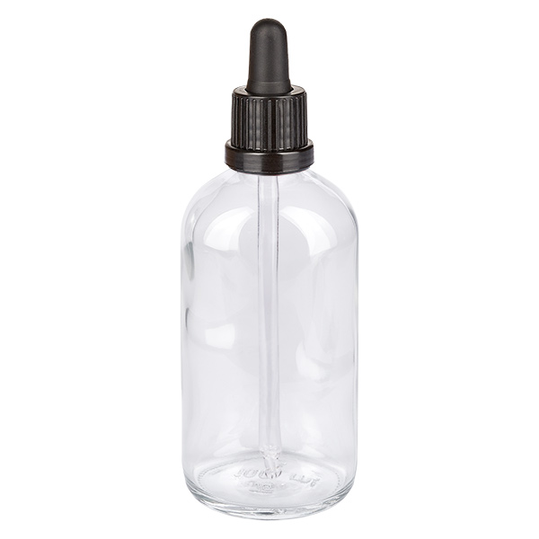 Flacone per pipette da 100 ml nero OV ClearLine UT18/100 Flacone con pipetta in vetro trasparente da 100 ml con tappo contagocce nero, serie ClearLine UT18