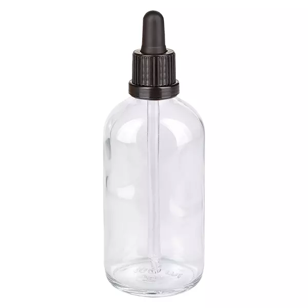Flacon pipette en verre transparent de 100 ml avec bouchon compte-gouttes noir, série ClearLine UT18