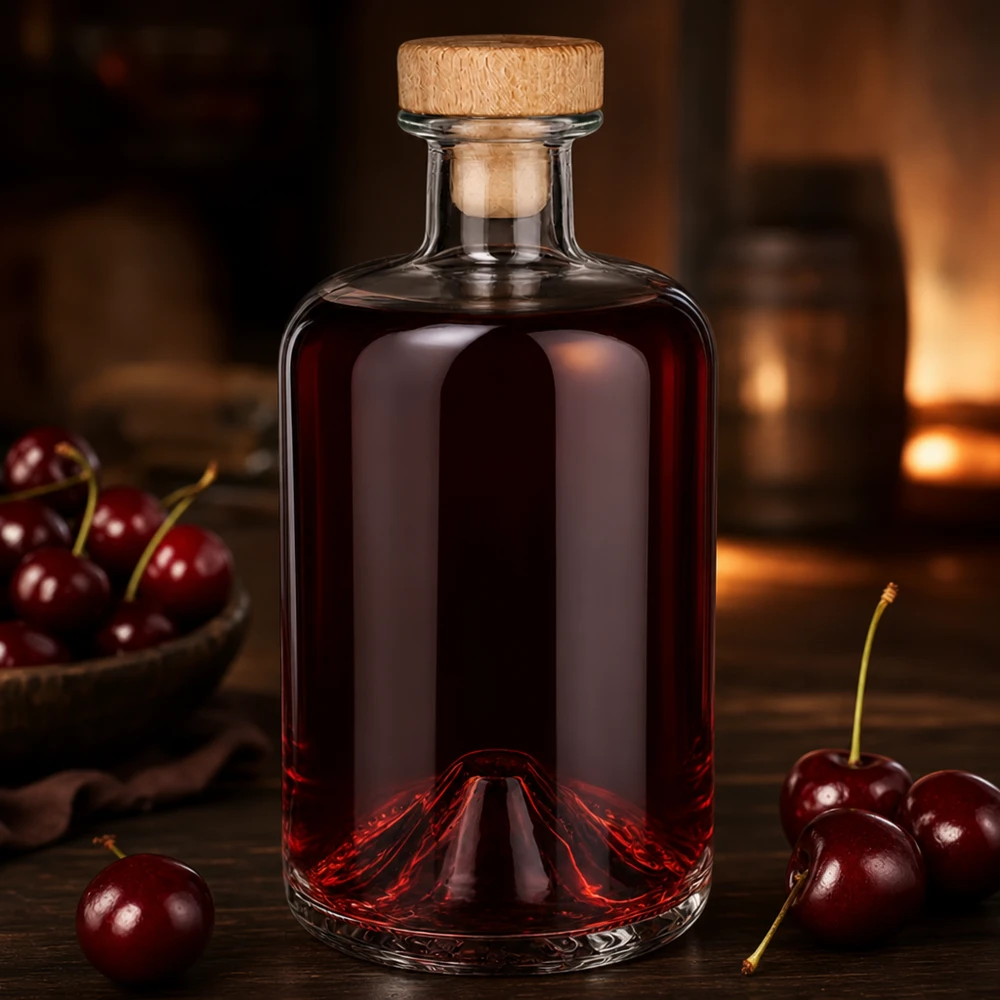 Flacone farmaceutico da 500 ml Sofia con tappo in sughero con impugnatura in legno UNiTWIST® Bottiglia in vetro di Sofia da 500 ml con tappo in legno riempita con liquido rosso ciliegia circondato da ciliegie fresche Ambiente