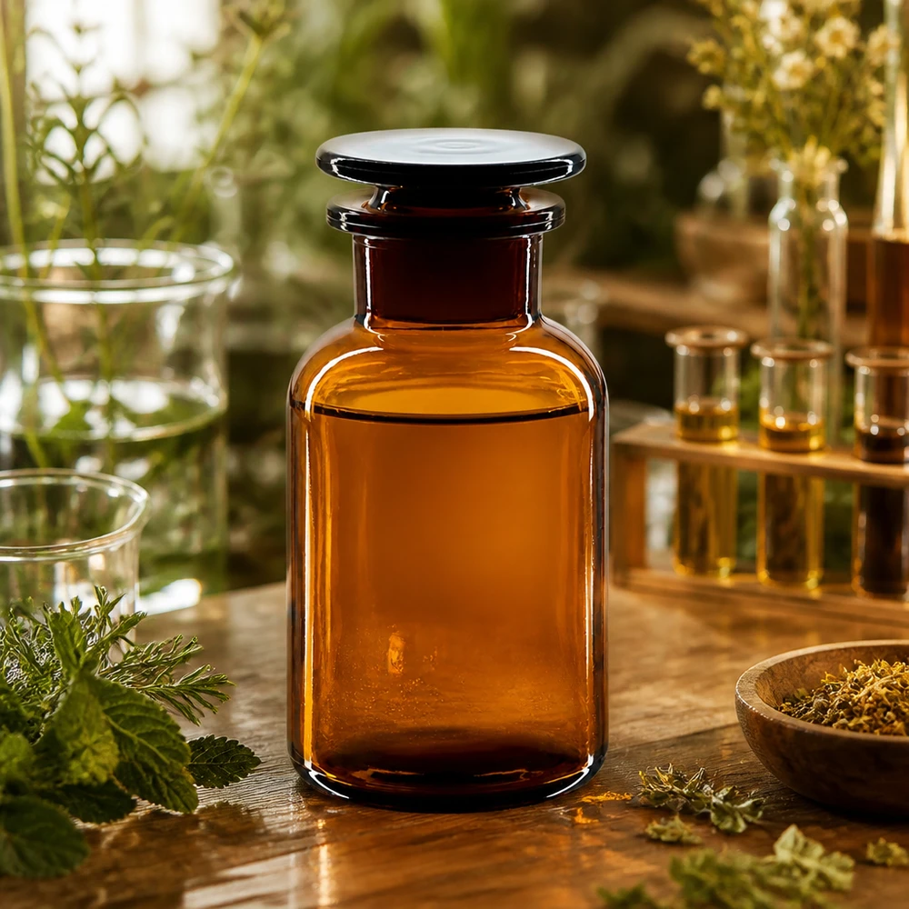 Bottiglia a spalla tonda 250ml marrone collo largo tappo in vetro Bottiglia di vetro ambrato da 250 ml a collo largo con tappo di vetro piatto, appoggiata su un tavolino di legno con erbe aromatiche
