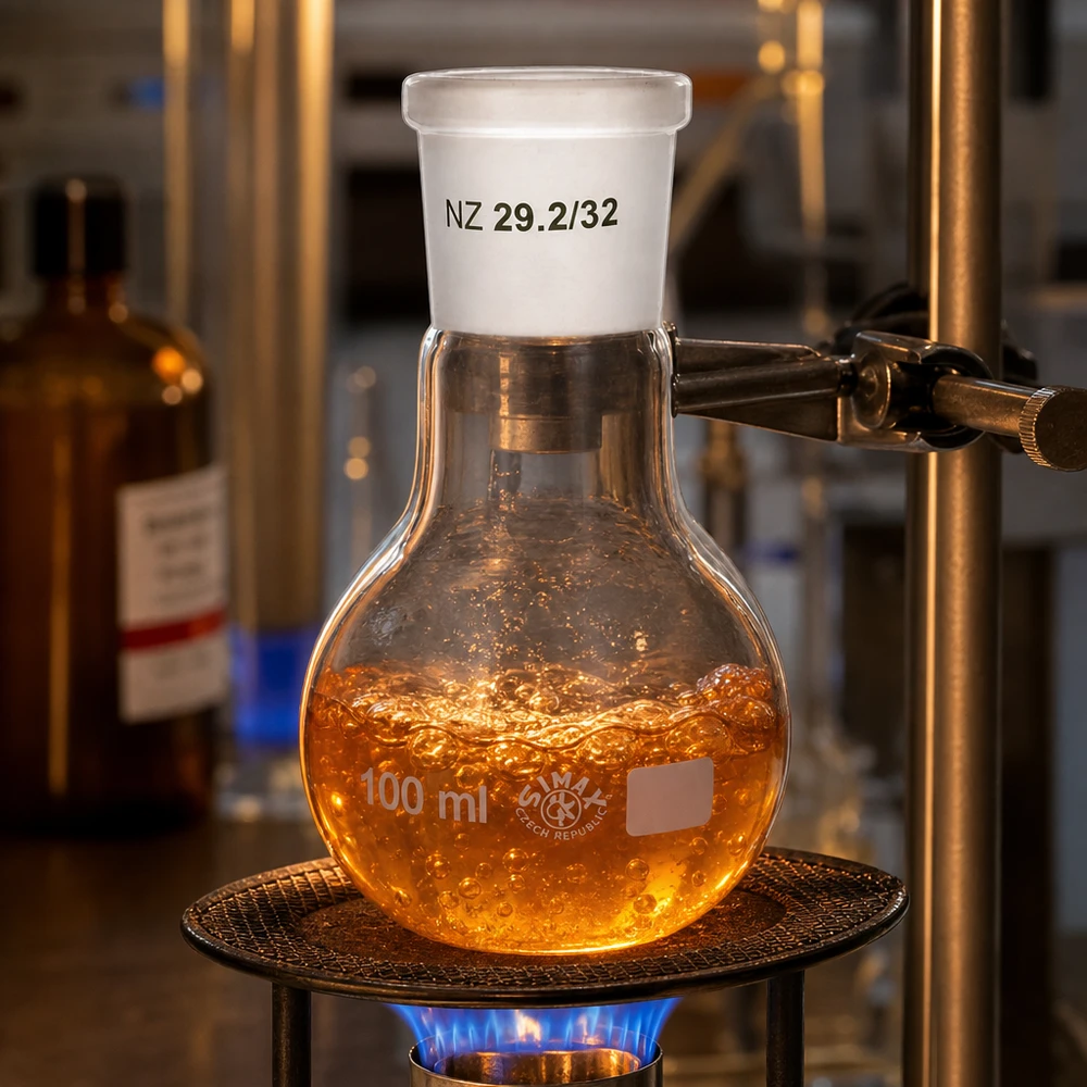 Piccolo matraccio in vetro da 100 ml con dimensioni compatte e giunto smerigliato universale standard 29/32