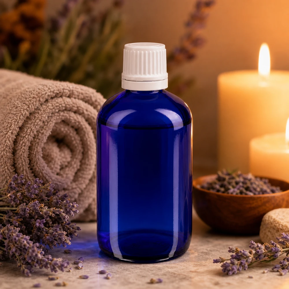 Zylindrische blaue Apothekerflasche 100ml Fassungsvermögen mit weißem Sicherheitsverschluss