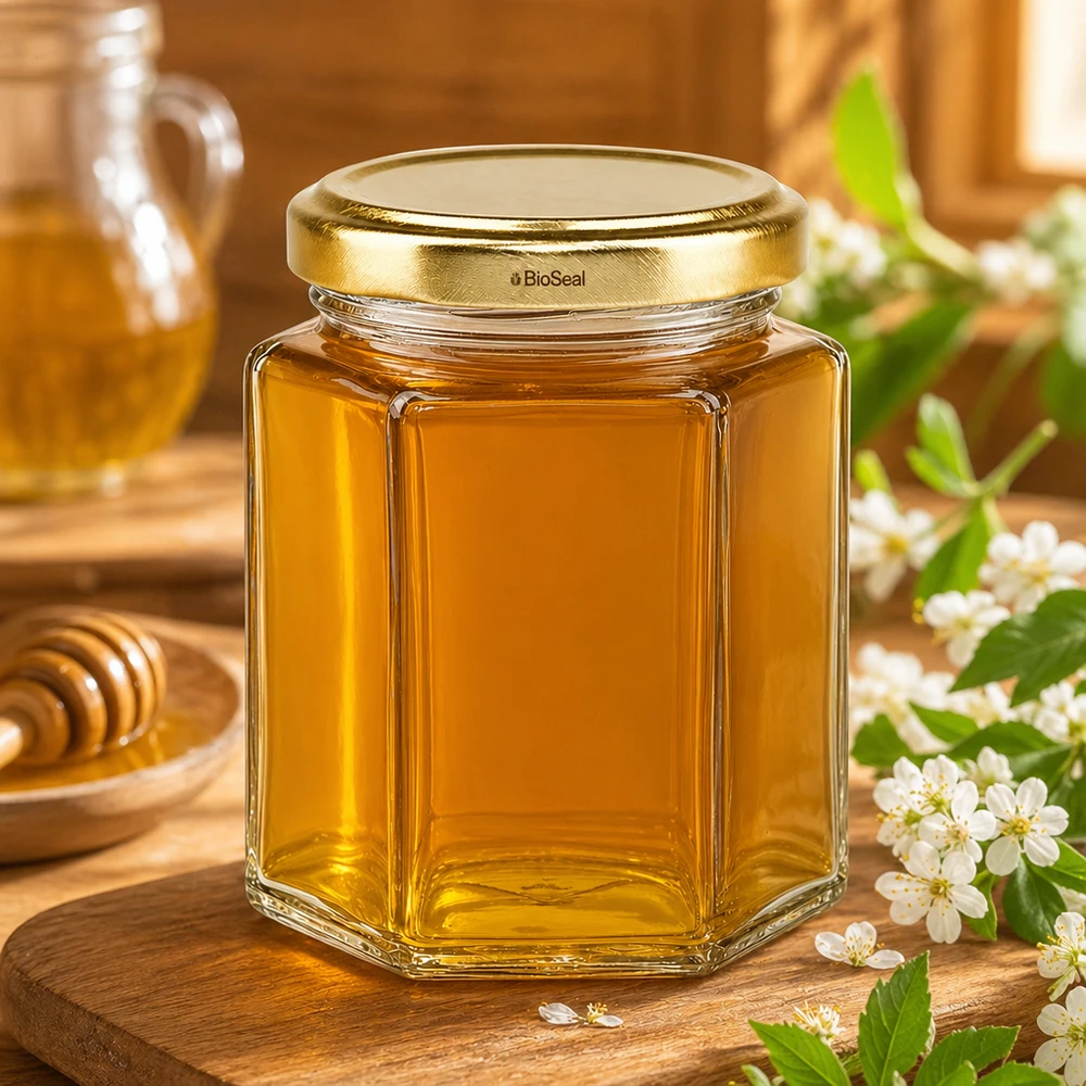 196ml Hexaglas mit BioSeal Deckel gold UNiTWIST UNiTWIST Hexa196 Honigglas mit goldenem TO58 BioSeal Deckel neben Honigwabe und Blütenzweig auf Holztisch