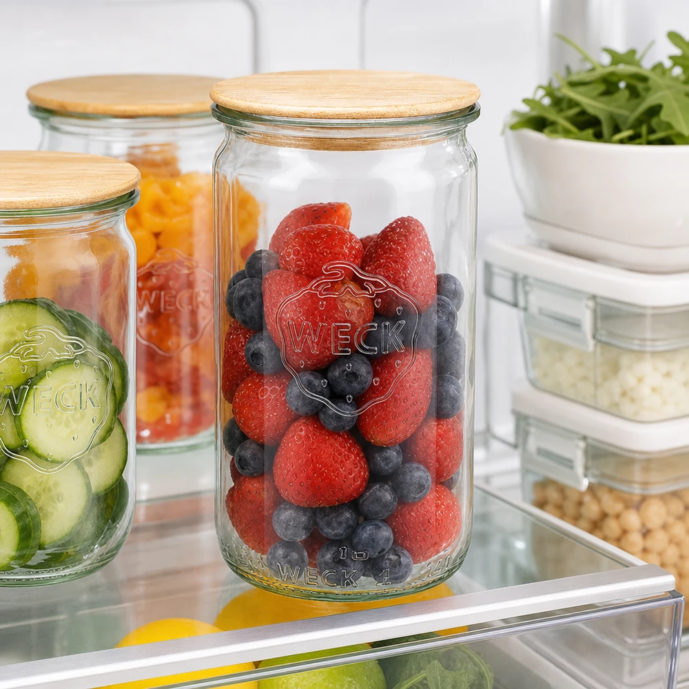340ml Zylinderglas WECK RR60 mit Holzdeckel WECK Zylinderglas 340ml RR60 mit Holzdeckel gefüllt mit frischen Beeren im Kühlschrank als Frischhalteglas