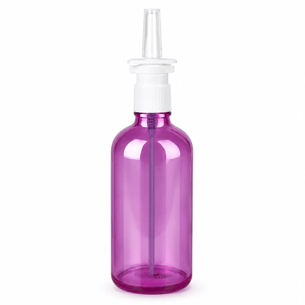 100ml Nasensprayflasche weiß/transparent Standard PurpleLine UT18/100 Runde 100ml Sprayflasche lila transparent PurpleLine Serie mit UT18 Verschluss