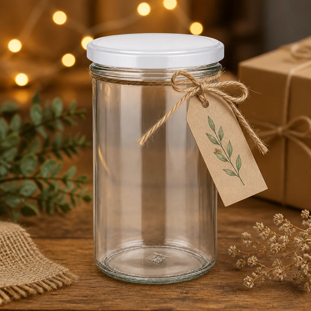 Barattolo mason vuoto da 277 ml con coperchio bianco come idea regalo, decorato con un'etichetta in carta kraft e un nastro di iuta