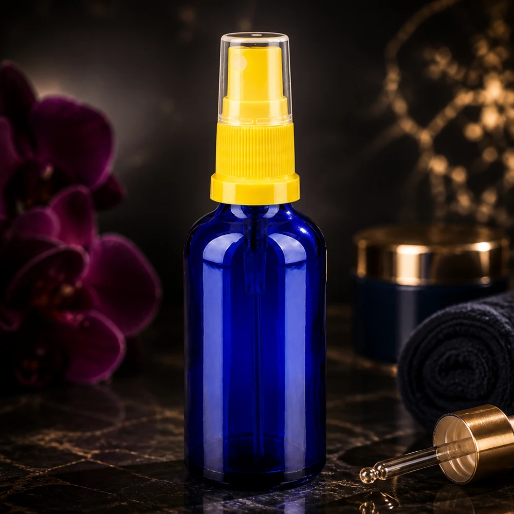 50ml Sprayflasche gelb/transparent Standardverschluss BlueLine UT18/50 Premium 50ml Sprühbehälter aus getöntem Glas mit Standardverschluss für pharmazeutische Anwendungen