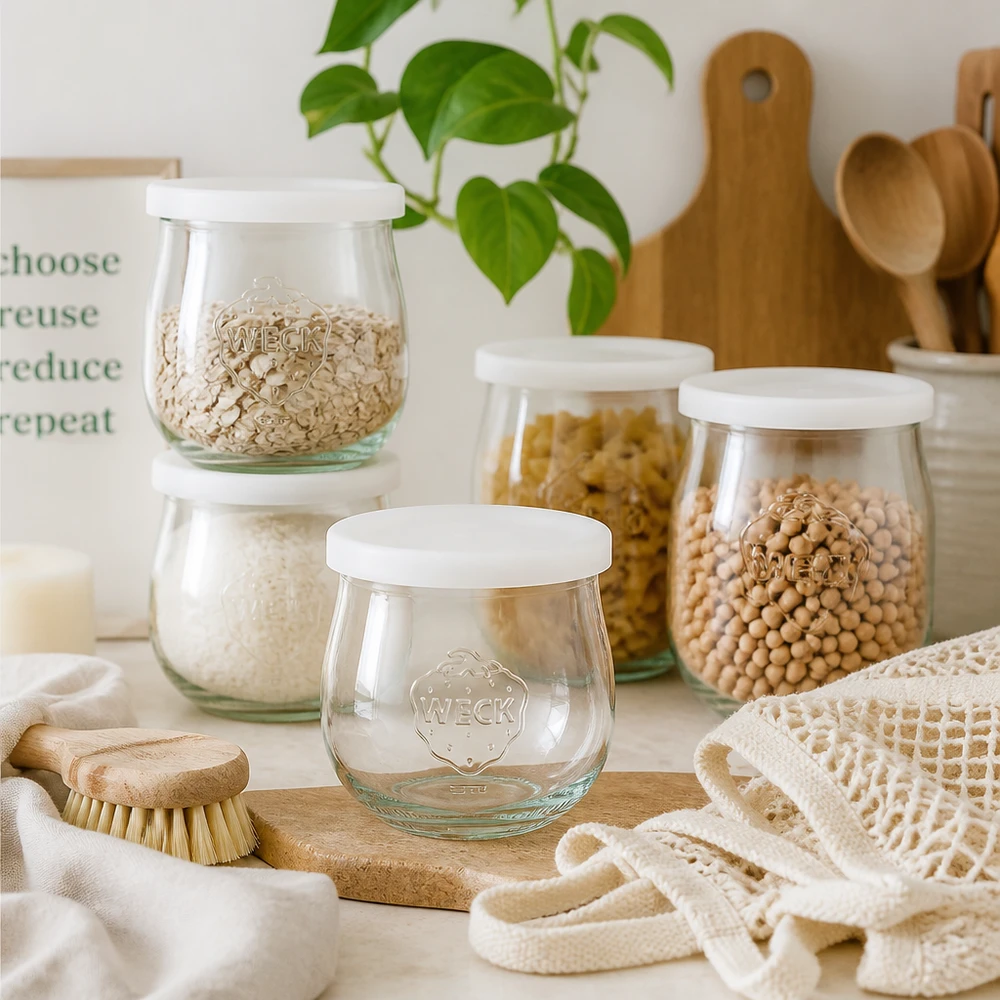 Barattolo WECK a tulipano 370ml con coperchio in silicone bianco in cucina sostenibile con fiocchi d'avena circondati da utensili in legno