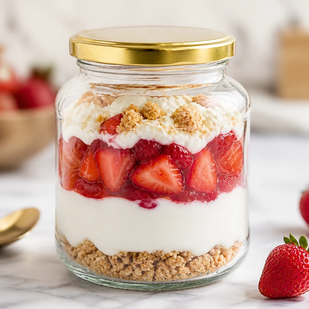 Vasetto ovale da 370 ml con coperchio dorato BasicSeal UNiTWIST ripieno di dessert alla fragola a strati in un vasetto di conservazione