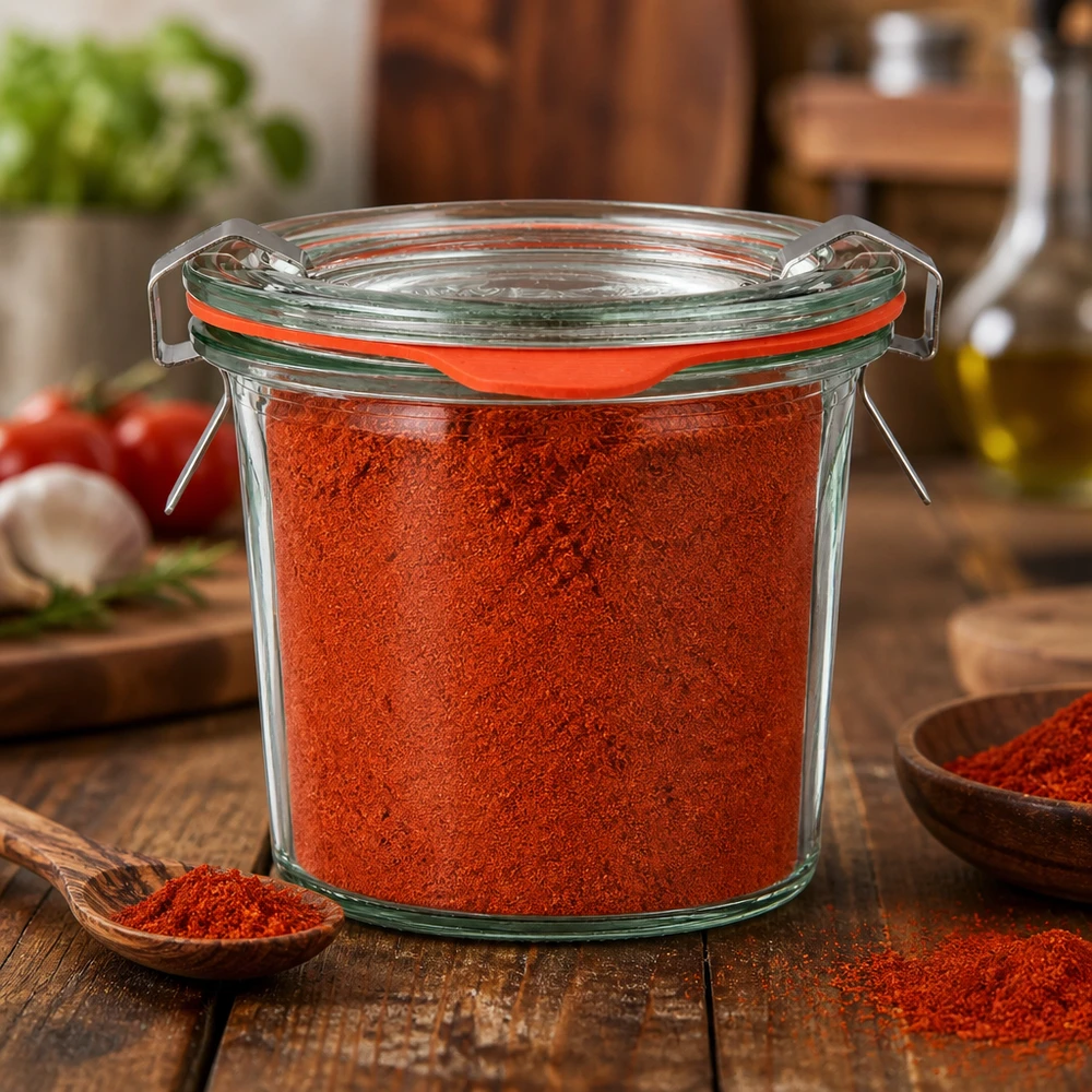 Barattolo per spezie in vetro borosilicato con peperoni rossi accanto a un cucchiaio di legno e pomodori freschi