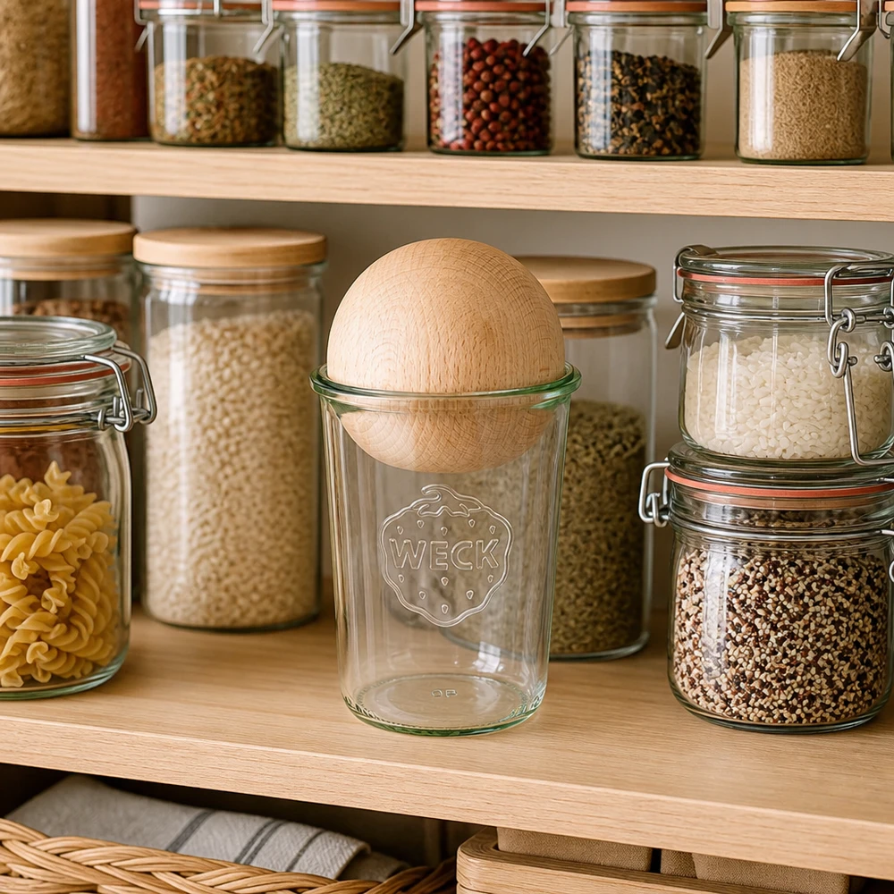 850ml Sturzglas WECK RR100 mit Holzkugel Buche WECK RR100 Sturzglas 850ml mit Buche-Holzkugel in organisierter Vorratsküche zwischen Gewürzgläsern und Aufbewahrungsdos