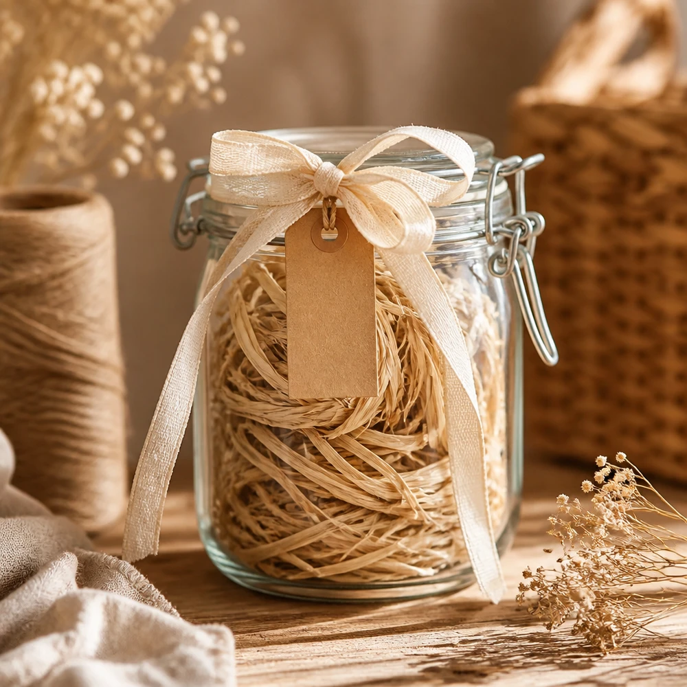 Raffia naturale da 30 g in un barattolo per conserve con nastro ed etichetta come idea regalo per progetti artigianali creativi e decorazioni