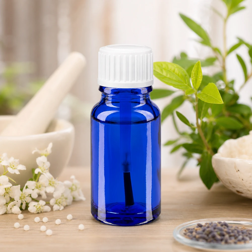 Flacon de pharmacie bleu 10ml bouchon vissable blanc pinceau Flacon en verre bleu de 10 ml avec un bouchon blanc, à côté d'herbes et de fleurs fraîches dans un cadre naturel