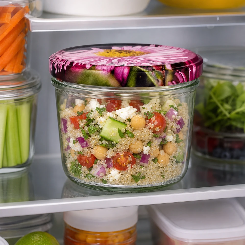 Vaso da 230 ml con coperchio a fiore BasicSeal in frigorifero, riempito con insalata di quinoa e verdure come preparazione del pasto.
