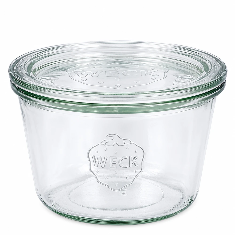 Bocal en verre de 370 ml avec couvercle en verre WECK RR100 WECK Sturzglas 370ml mit Glasdeckel RR100 transparentes Einmachglas mit Relief-Logo für Konservierung