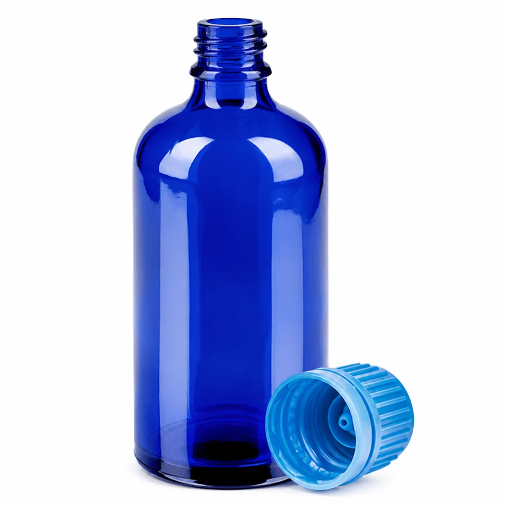 100ml Flasche 11mm Schraubverschluss blau Originalitätsverschluss BlueLine UT18/100 Kompakte 100ml Flasche in leuchtendem Blau mit OV Verschluss für präzise Dosierung