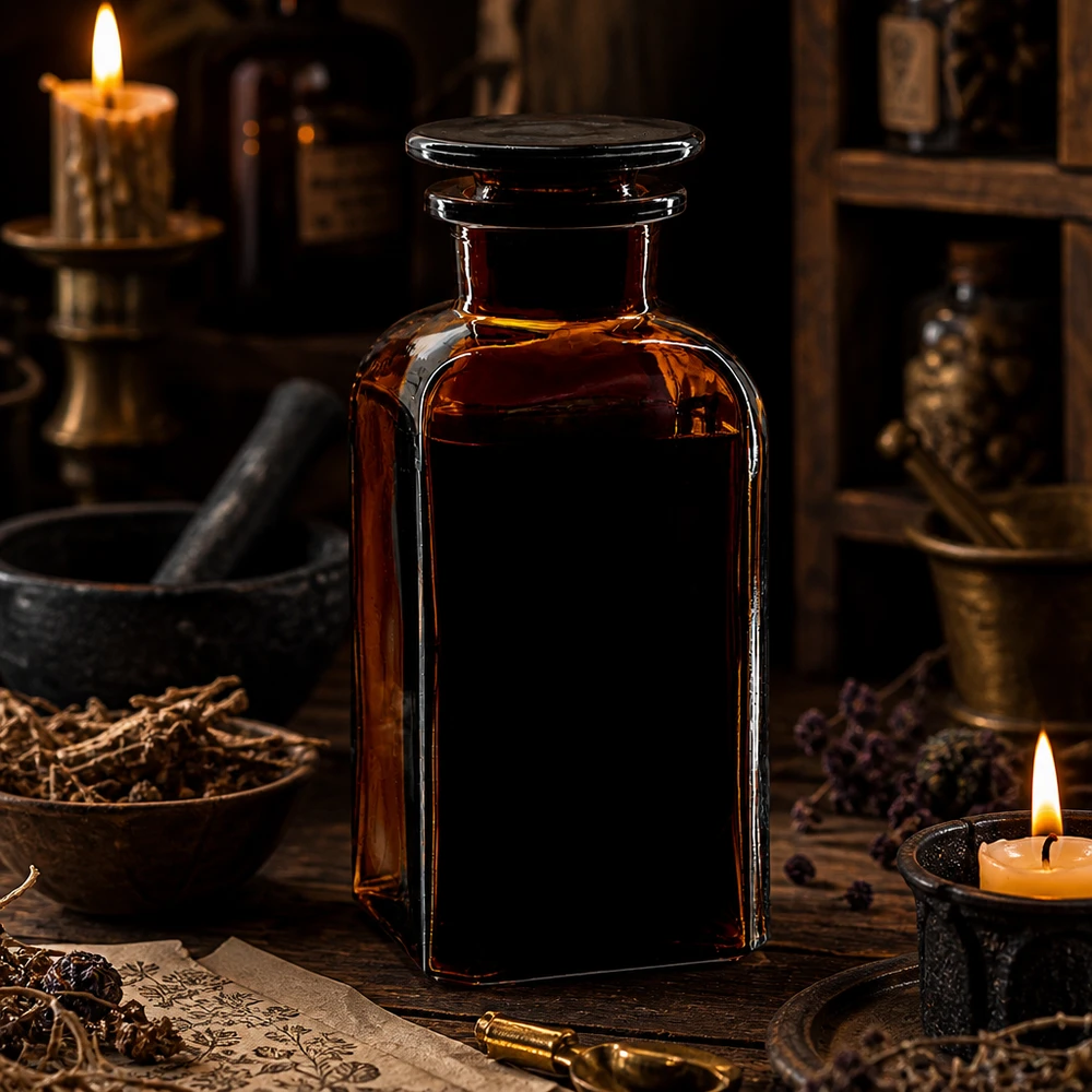 Classica bottiglia quadrata da 350 ml, marrone, con tappo di vetro, alla luce delle candele in una farmacia