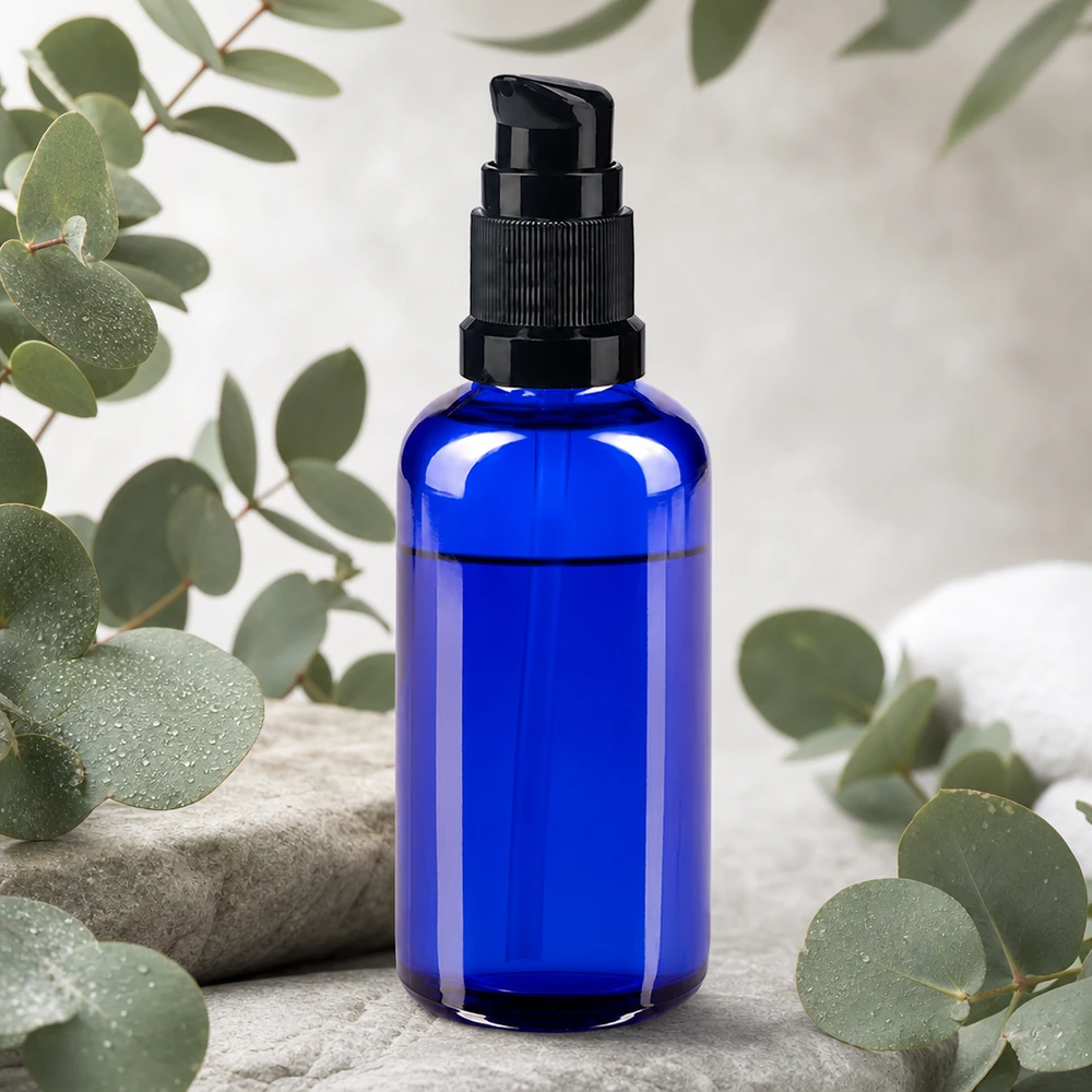 Apothekenflasche blau 50ml PumpVerschluss schwarz Standard UV-schützende blaue 50ml Apothekerflasche mit schwarzem Pumpverschluss