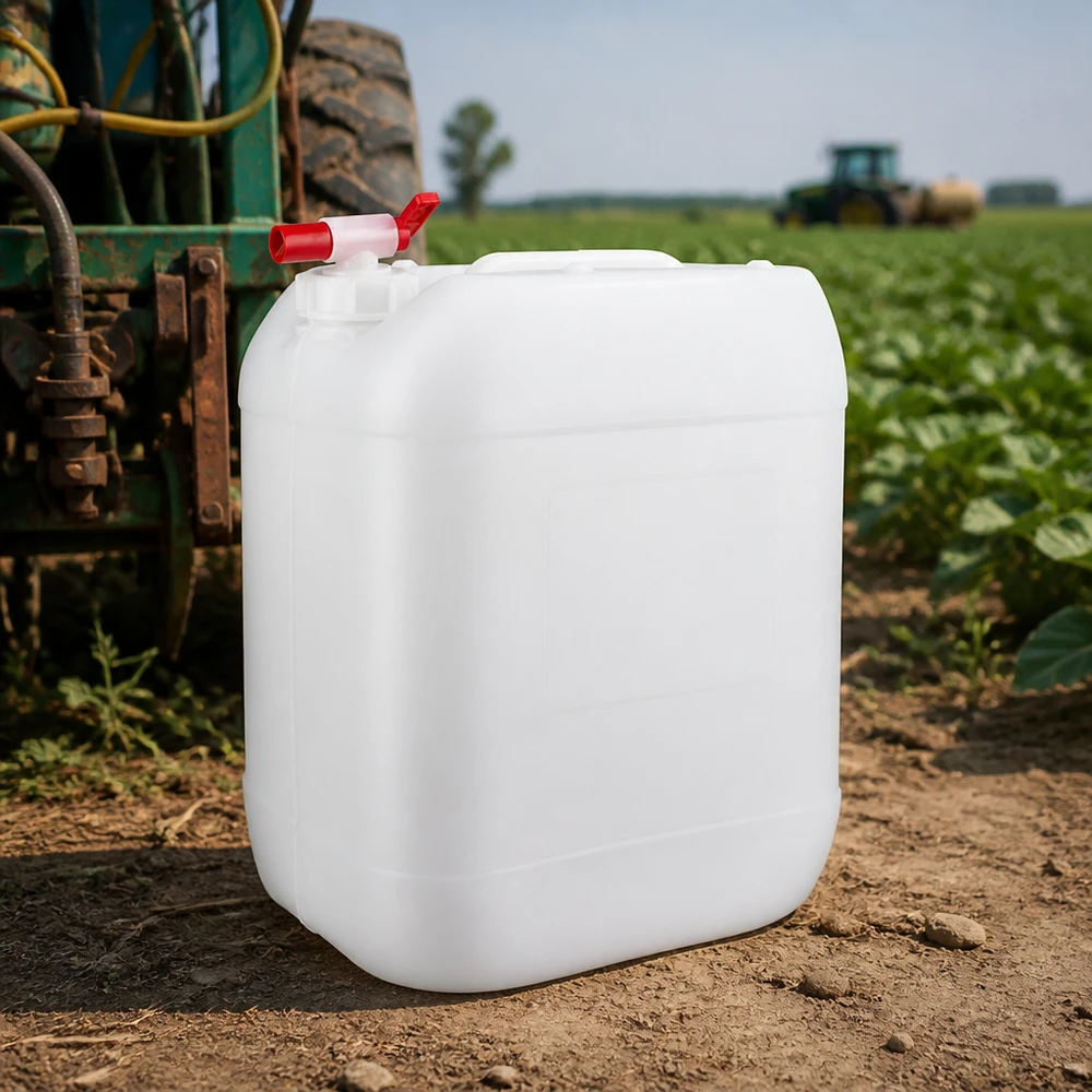 Jerrican de 20 litres avec robinet Bidon en plastique blanc de 20 litres muni d'un robinet rouge, dans un champ agricole à côté d'un tracteur