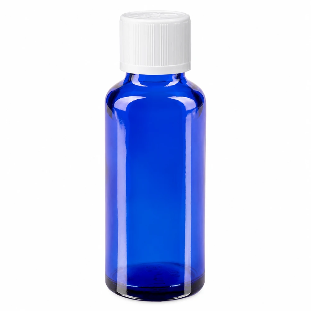 Apothekenflasche blau 30ml Tropfverschluss weiß Kindersicherung Standard Blaues Apothekerglas 30ml UV-Schutz mit kindersicherem weißem Verschluss und 1,2mm Tropfer