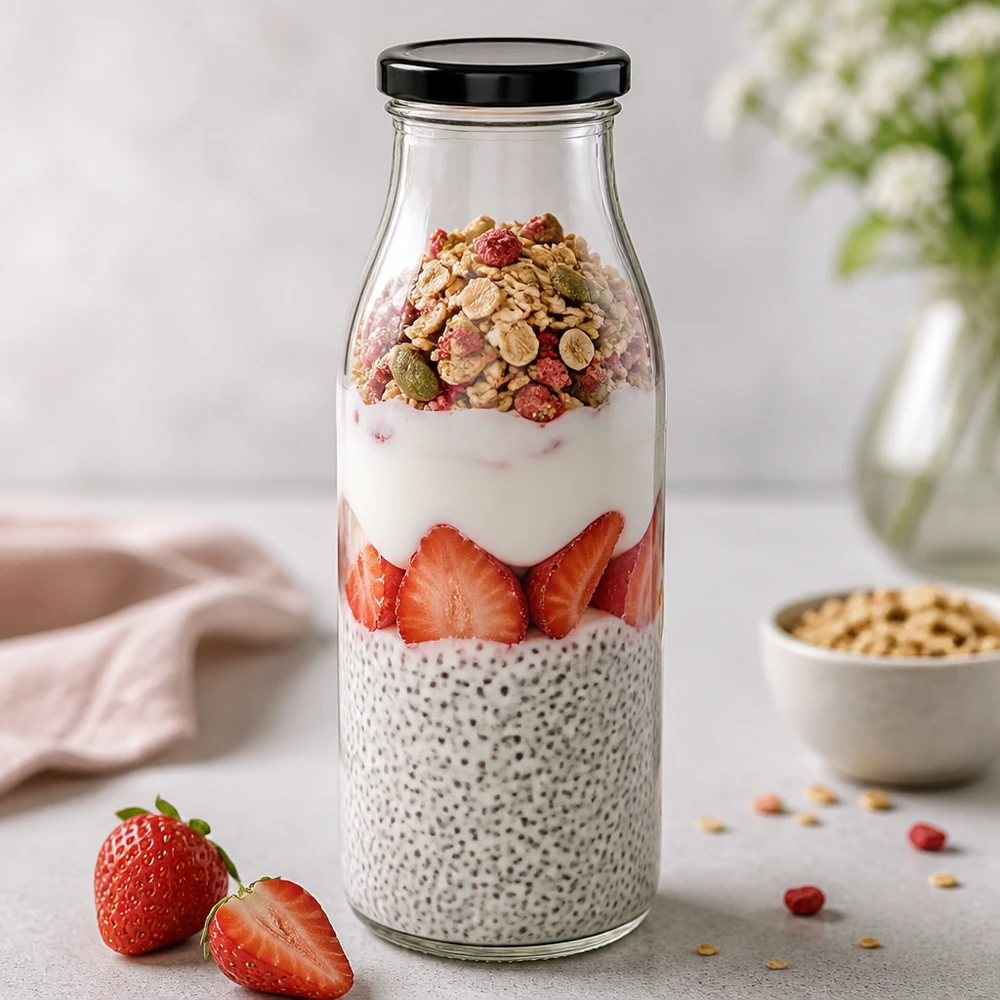 500ml Glasflasche + BasicSeal Deckel schwarz UNiTWIST 500ml Glasflasche mit schwarzem Deckel für Chia-Pudding mit Erdbeeren und Müsli Overnight Oats Frühstück