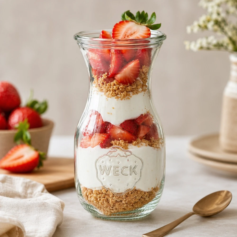 Bouteille à jus de 290 ml avec couvercle en verre WECK RR60 WECK Saftflasche 290ml RR60 als Dessertglas mit Erdbeeren Joghurt und Kekskrümeln geschichtet auf weißem Tisch