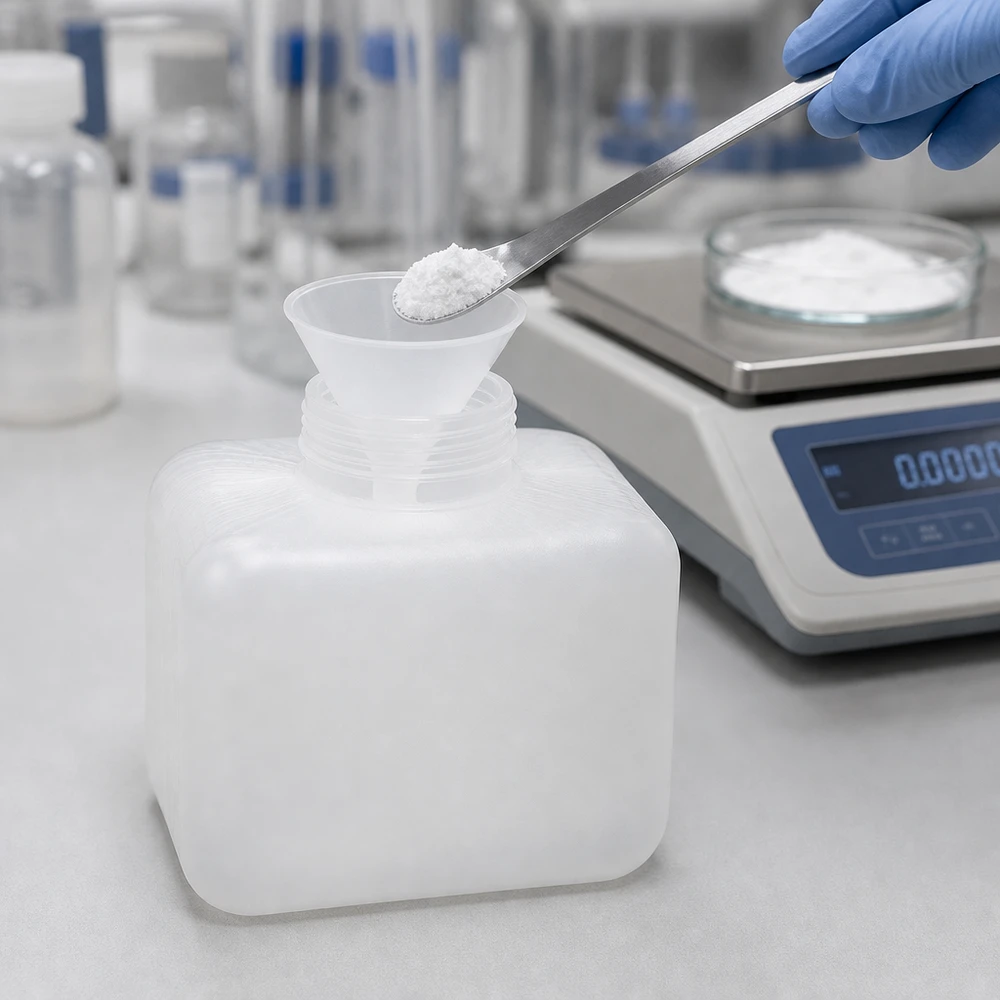 Flacon pour produits chimiques 250 ml, col étroit, PE-HD, robuste, résistant aux acides, poudre, balance de laboratoire, gants