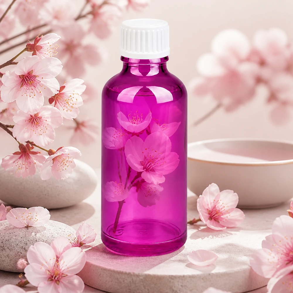 Elegante flacone in vetro viola da 50 ml, di dimensioni ottimali per il trasporto di cosmetici e campioni.