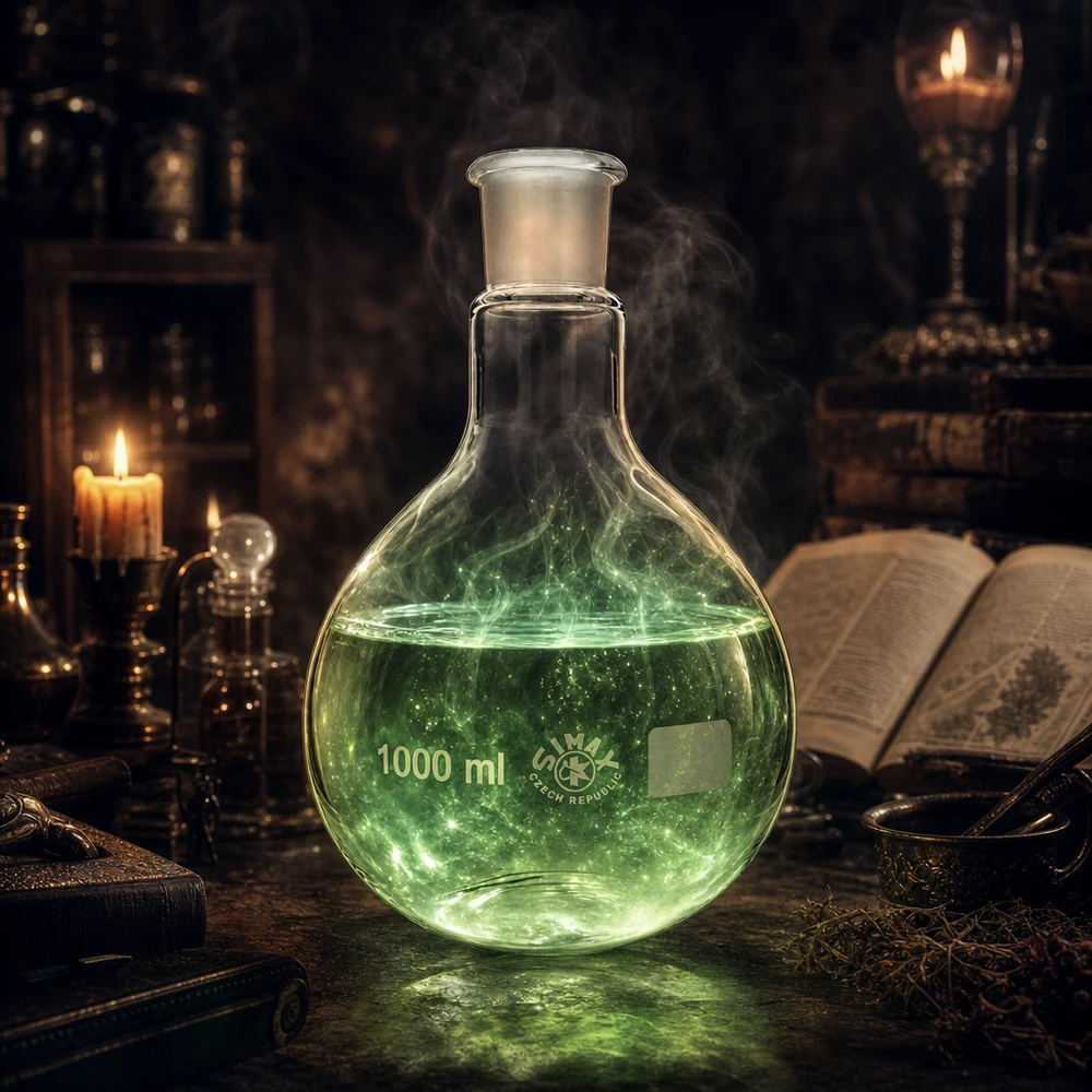 Vetreria da laboratorio Pallone da 1000 ml con liquido fluorescente verde e vetro smerigliato 29/32