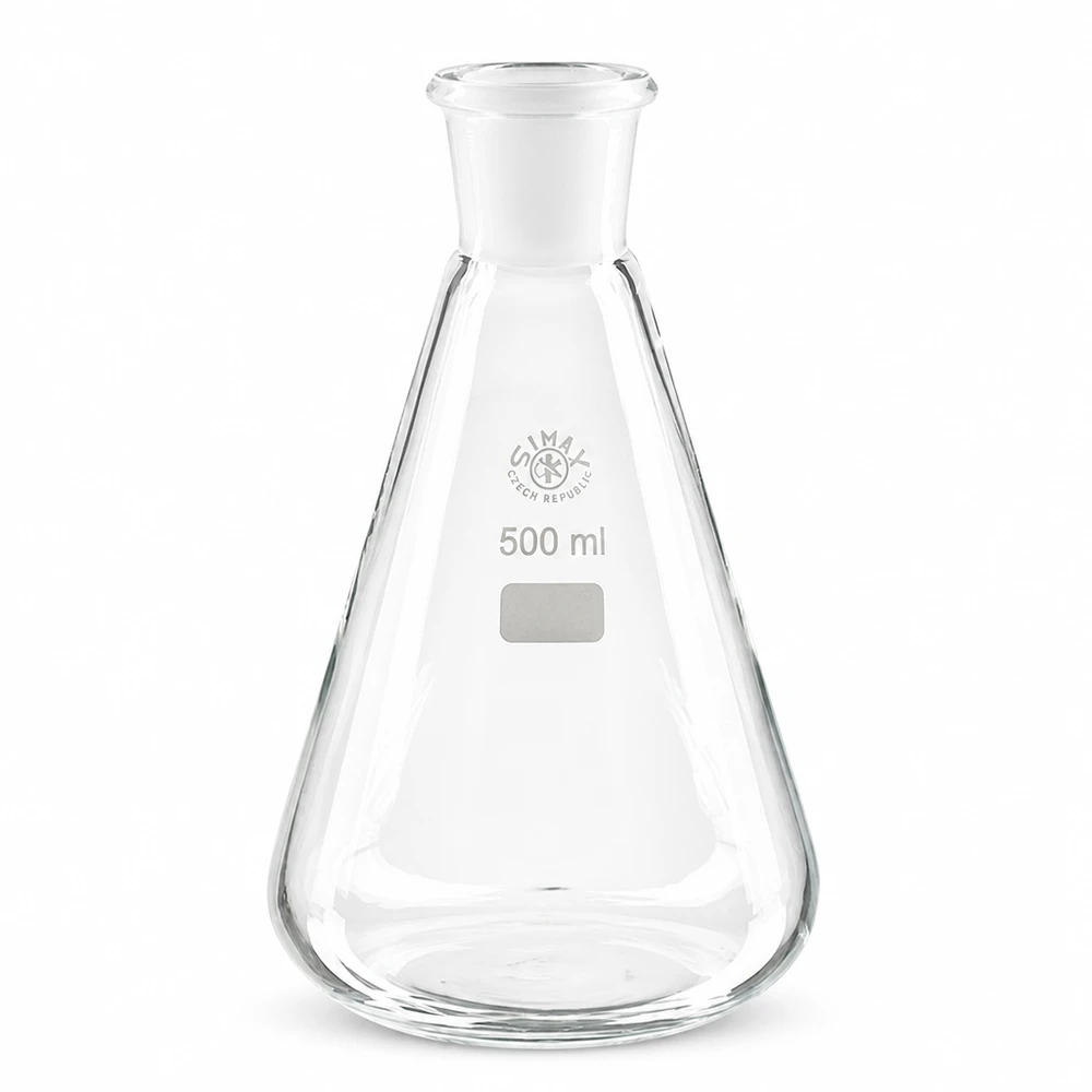 Erlenmeyer 500 ml col étroit, verre borosilicate avec rodage normalisé 29/32 Grand erlenmeyer de 500 ml en verre borosilicaté de haute qualité avec rodage normalisé