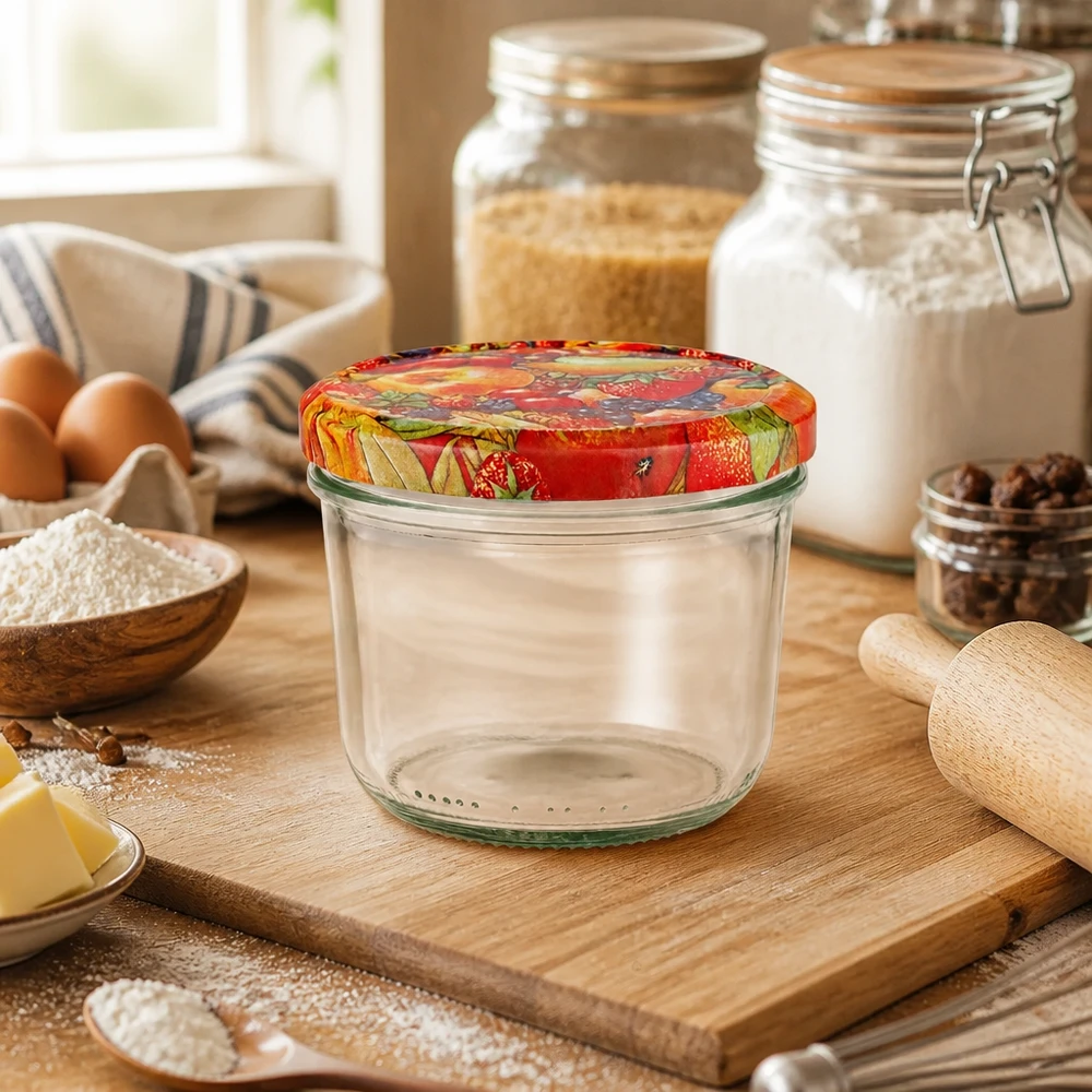 Bicchieri vuoti da 230 ml con coperchio BasicSeal con decoro di frutta in cucina, su una tavola di legno accanto agli ingredienti da forno e ai barattoli per la conservazione.