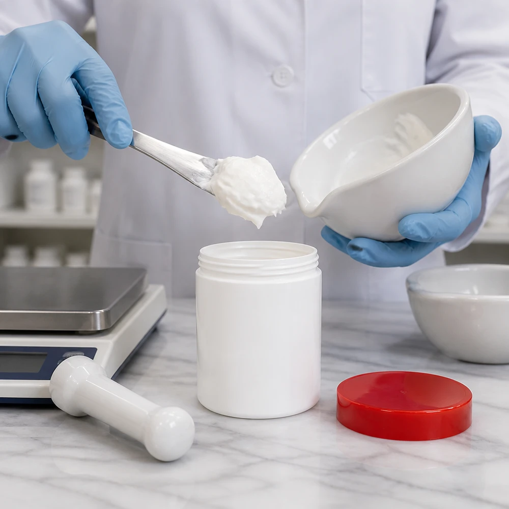 Pot en plastique blanc de 100 g en PP avec couvercle à vis rouge, destiné à la fabrication pharmaceutique maison