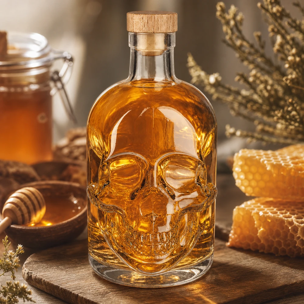 500ml Glasflasche "Jack" mit Holzgriff-Korken UNiTWIST Glasflasche Jack 500ml mit Holzkorken auf Holzbrett, umgeben von Honigwaben und Honigglas, warme Beleuchtung