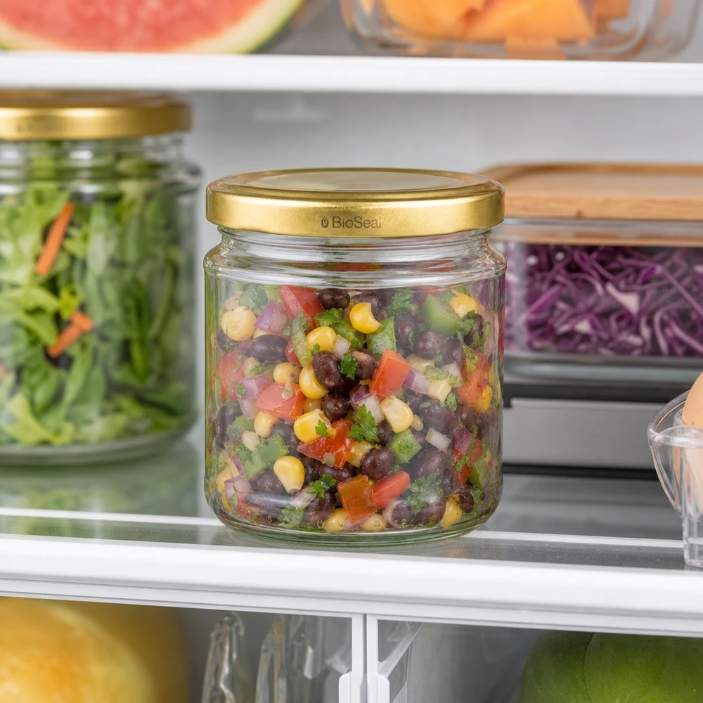 UNiTWIST Pot rond 212ml avec couvercle TO66 BioSeal doré rempli de salade de haricots conservée au réfrigérateur