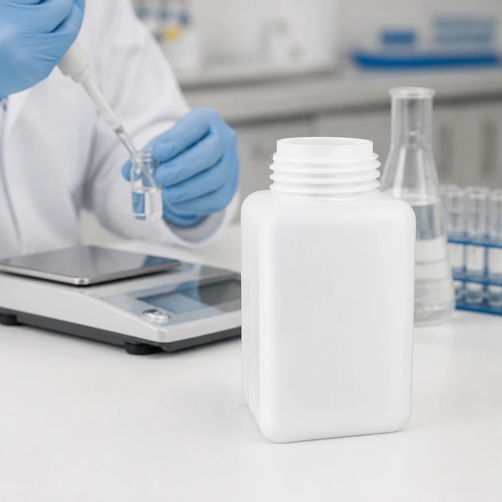 Flacon de produits chimiques de 1 000 ml en PE-HD sans bouchon, à côté de tubes à essai et de fioles jaugées dans un laboratoire