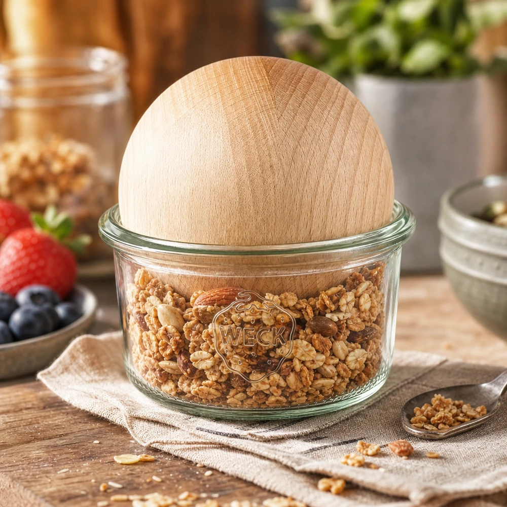 WECK Sturzglas 165ml RR80 gefüllt mit Nüssen und Buchenkugel-Deckel als Vorratsbehälter in der Küche