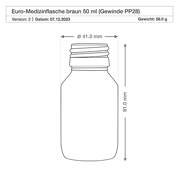 Flacone per medicinali da 50ml marrone, senza tappo PP28 ApoGlas Robuste Braunglasflasche 50ml mit weiter Flaschenöffnung PP28 ideal für Pulver und Granulate