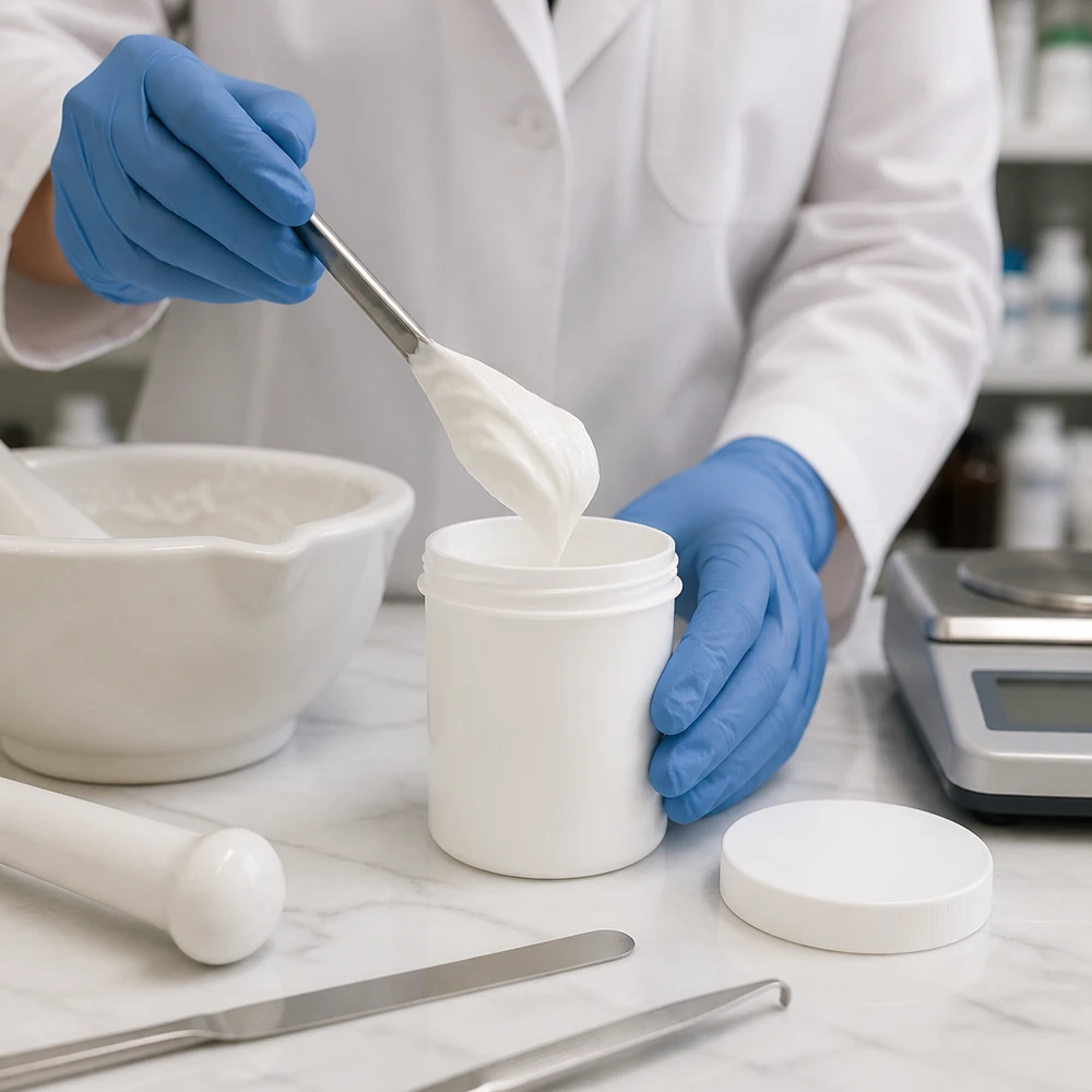 Pot à pommade de 30 g en polypropylène blanc lors du remplissage dans un environnement de laboratoire stérile