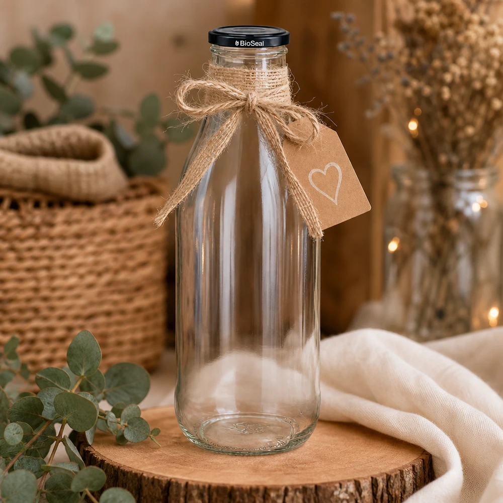 1000ml Glasflasche + BioSeal Deckel schwarz UNiTWIST 1000ml Glasflasche BioSeal Deckel auf Holzscheibe dekoriert Juteschleife Herzanhänger rustikale Deko nachhaltig
