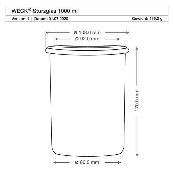 Barattolo di vetro WECK RR100 da 1000 ml Disegno tecnico dei tumbler WECK da 1000ml RR100 con dimensioni Diametro 108mm 92mm 86mm Altezza 170mm Specifiche