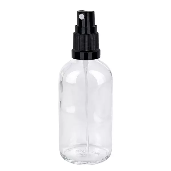 Flacon vaporisateur en verre transparent de 100 ml avec pompe noire, série ClearLine