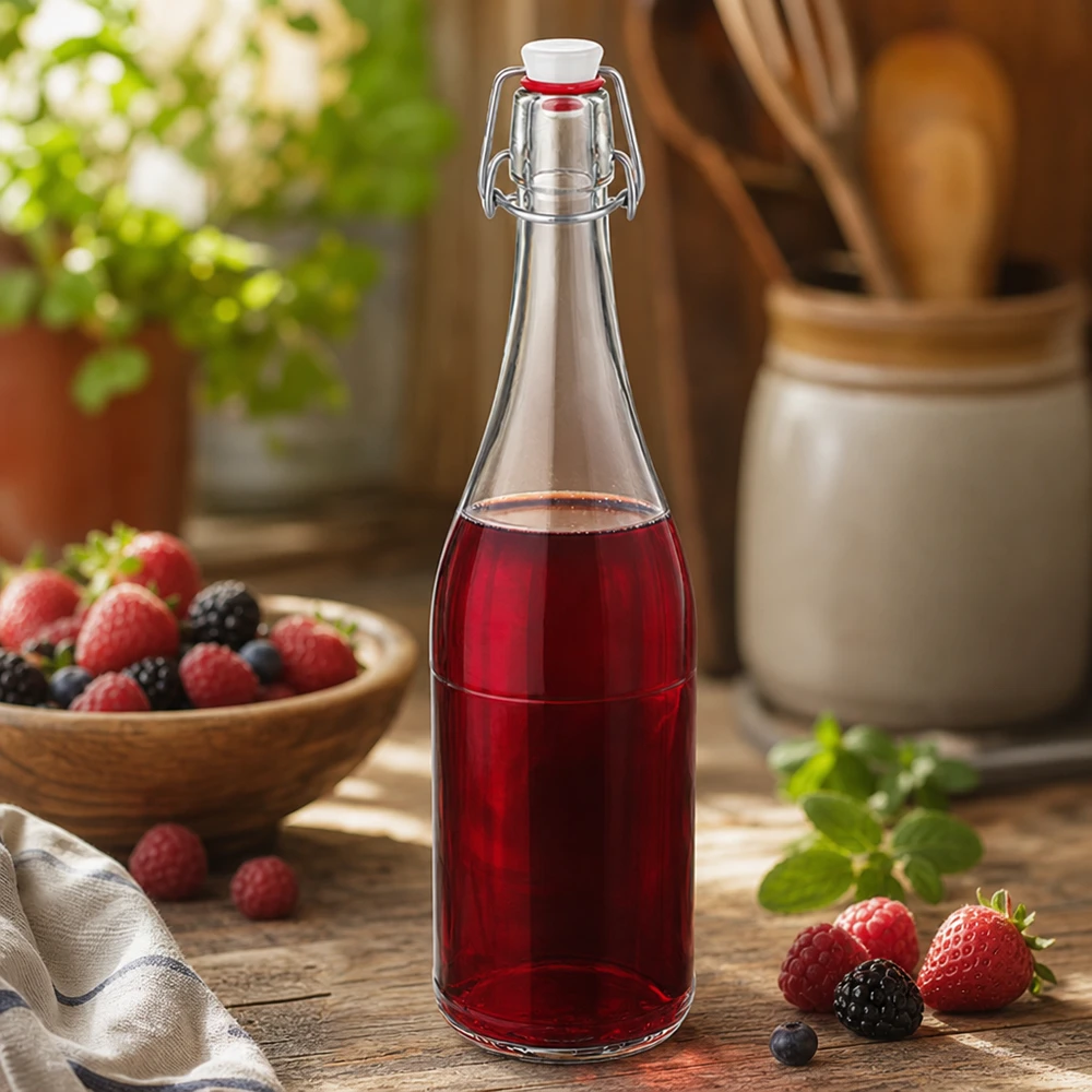 Bottiglia di vetro da 750 ml con tappo oscillante riempita di succo di bacche cucina still life bacche miste bevanda di frutta rustica