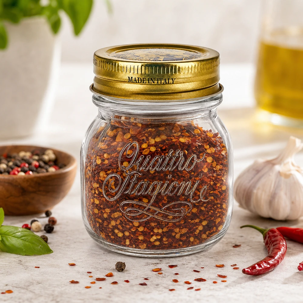 Barattolo rotondo da 150 ml "Quattro Stagioni" con coperchio Barattolo rotondo Quattro Stagioni da 150 ml con coperchio dorato pieno di mix di spezie al peperoncino Made in Italy