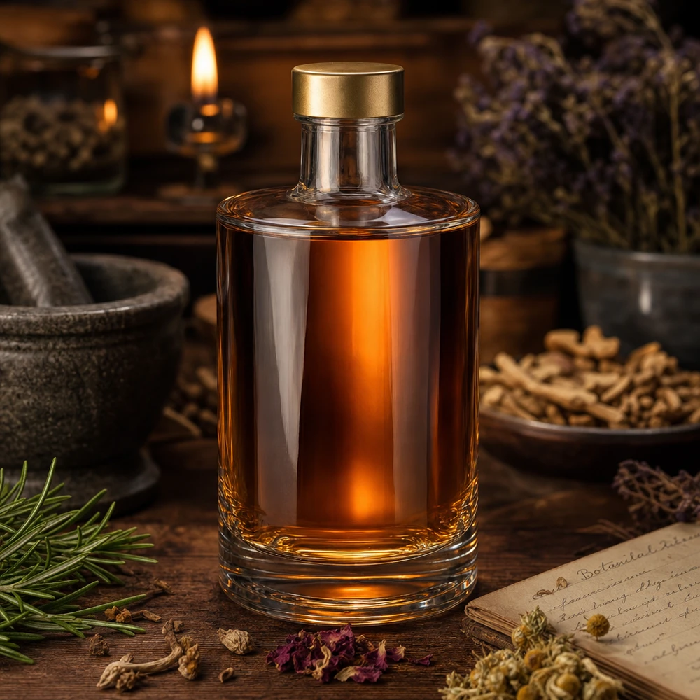 Bottiglia in vetro da 375 ml Sam + tappo a vite oro UNiTWIST® Bottiglia in vetro Sam da 375 ml con tappo a vite dorato, riempita di liquido ambrato con scenari rustici a base di erbe.