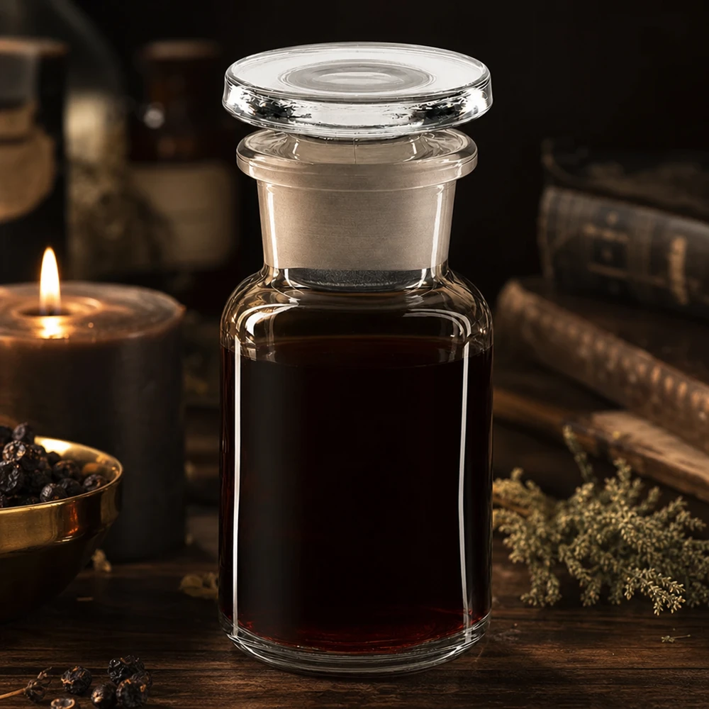 Bottiglia a spalla tonda 50ml chiara a collo largo in vetro con tappo Fiaschetta da farmacia vintage da 50 ml a collo largo con contenuto rosso scuro e tappo di vetro alla luce delle candele