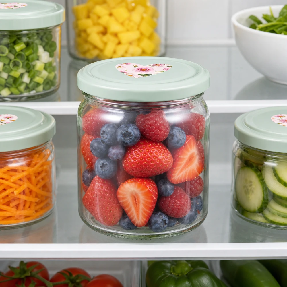 408ml Rundglas + BasicSeal Deckel Herz mint UNiTWIST 408ml Rundglas mit BasicSeal Deckel Herz mint im Kühlschrank, gefüllt mit frischen Beeren zur Lebensmittelaufbewahrung