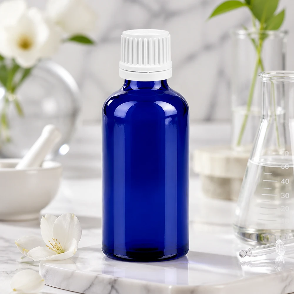 50ml Tropfflasche 0.7mm weiß Originalitätsverschluss BlueLine UT18/50 50ml OV BlueLine Glasflasche mit ergonomischem Design und tropffreiem Verschluss