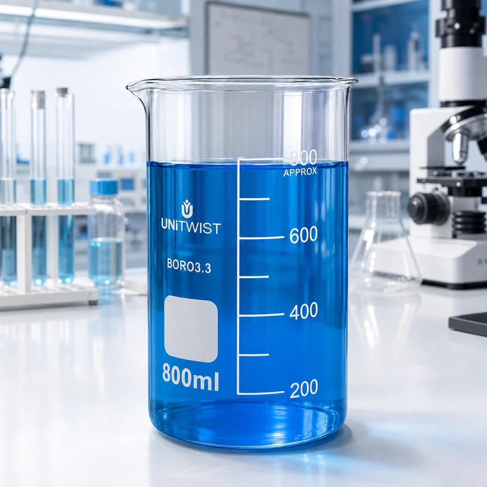 Bicchiere 800ml borosilicato, stampo alto UNITWIST Becher da laboratorio UNITWIST da 800 ml, modello alto, in borosilicato, con liquido blu su un banco da laboratorio bianco
