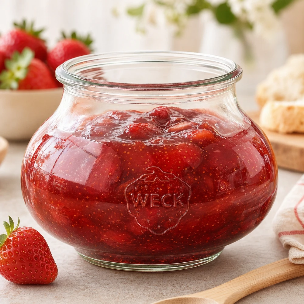 Barattolo di vetro decorativo WECK RR80 da 560 ml Barattolo decorativo WECK RR80 560ml con marmellata di fragole fatta in casa e cucchiaio di legno sul piano di lavoro della cucina